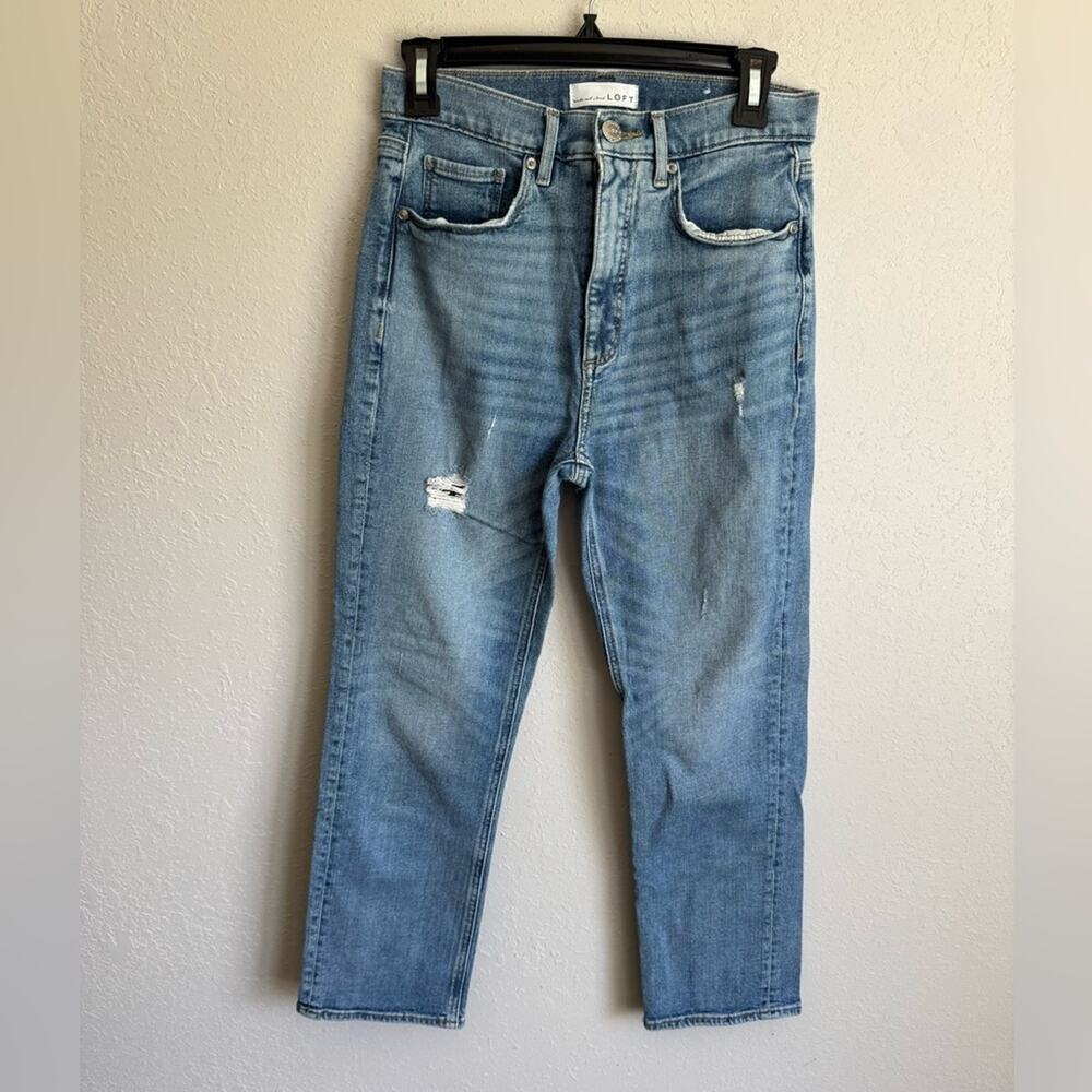 Loft Light Wash Blue Denim High Waist Crop Straight Leg Jeans Women 2 Distressed
